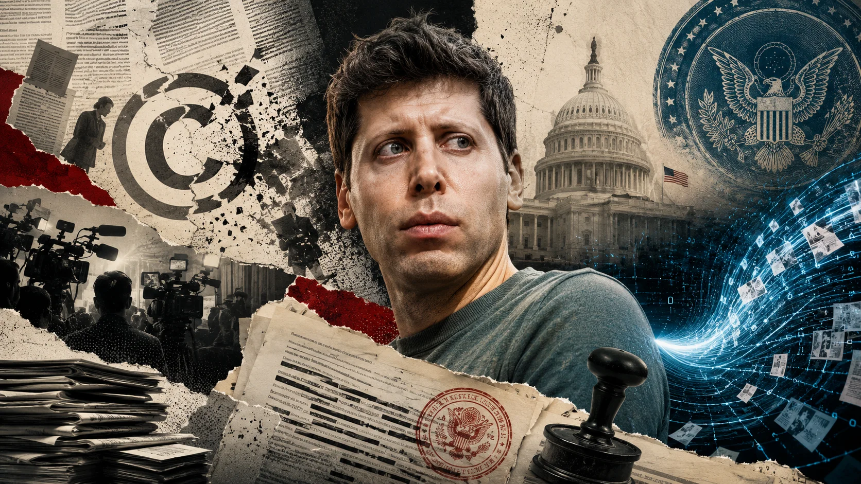 Sam Altman surrounded by newspapers, cameras, copyright symbols, and U.S. government elements.