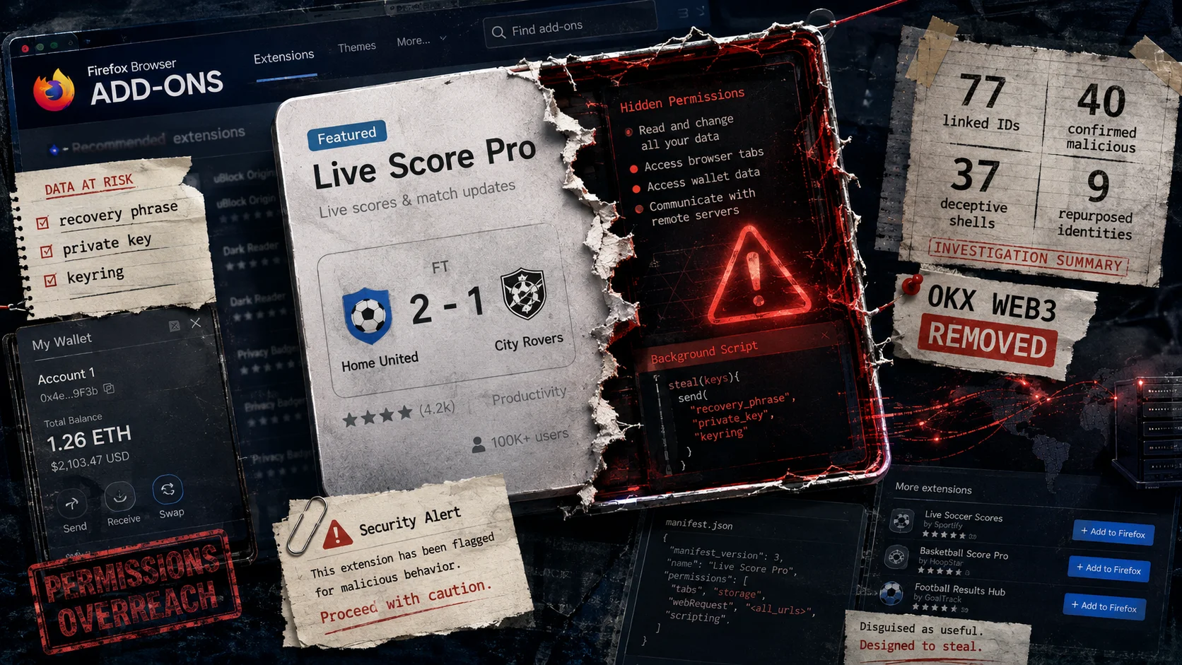 Editorial collage shows a sports scoreboard extension in Firefox being revealed as malware capable of accessing recovery phrases, private keys, and crypto wallet data.