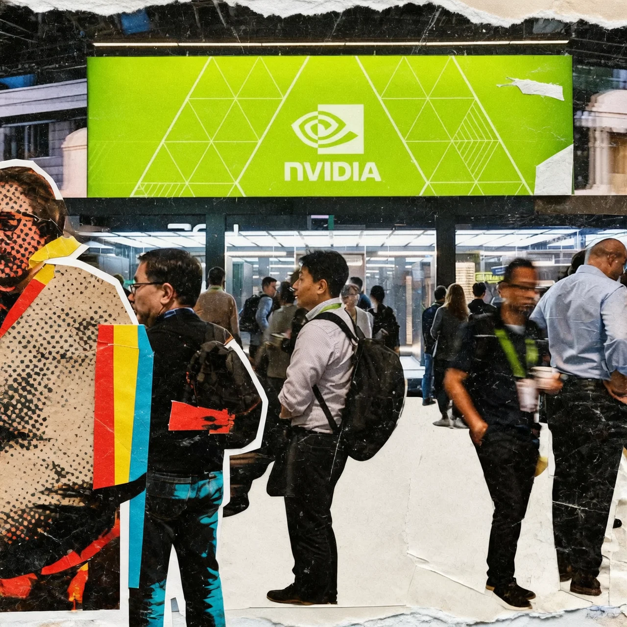 People walk past an Nvidia booth at a technology event, with the company's logo prominently displayed.