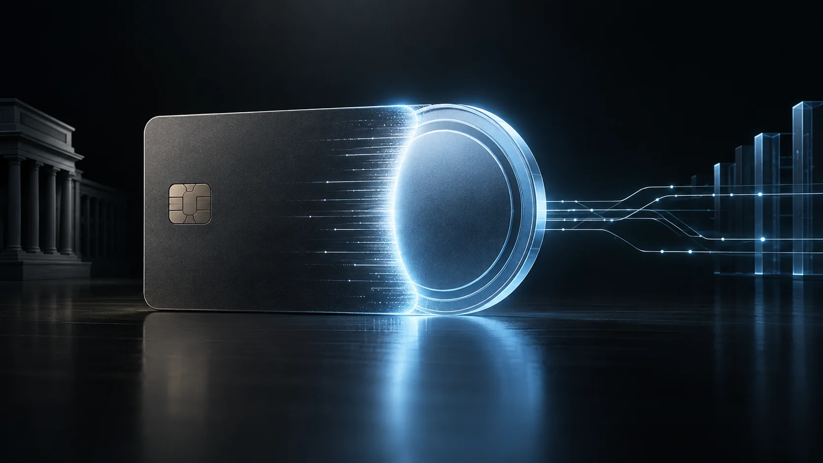 Dark card transforms into a blue digital token, with bank columns in the background and glowing trails symbolizing stablecoin settlement.