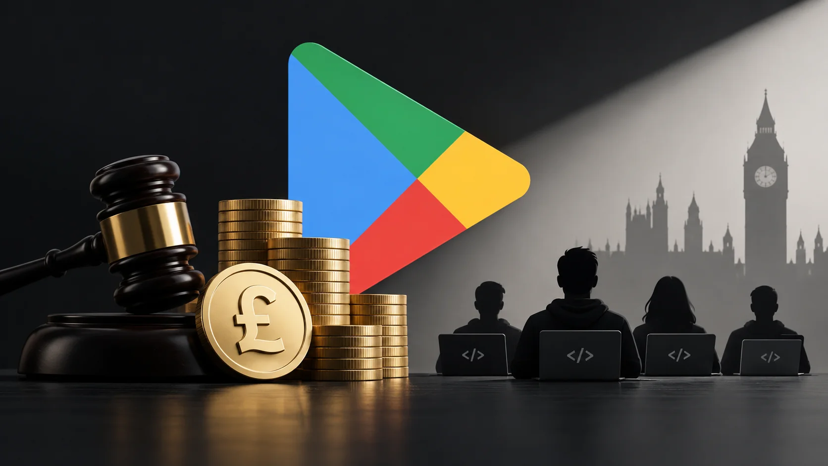 Google Play logo next to a judge's gavel and pound coins, in reference to the settlement approved in the UK.