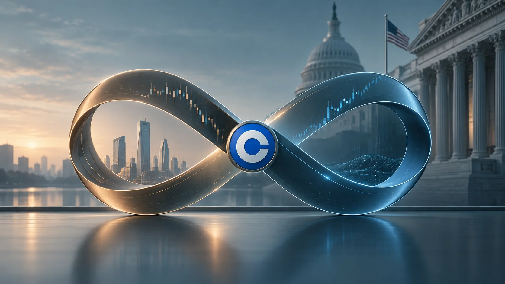 Conceptual illustration shows an infinity symbol linked to Coinbase in front of US institutional buildings, representing perpetual futures on stocks.