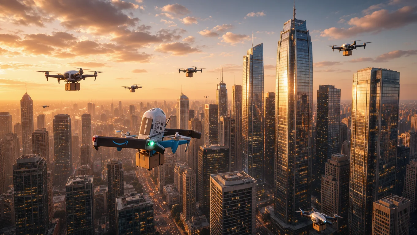 Drones carrying packages fly over a city with skyscrapers during sunset, representing autonomous delivery services.