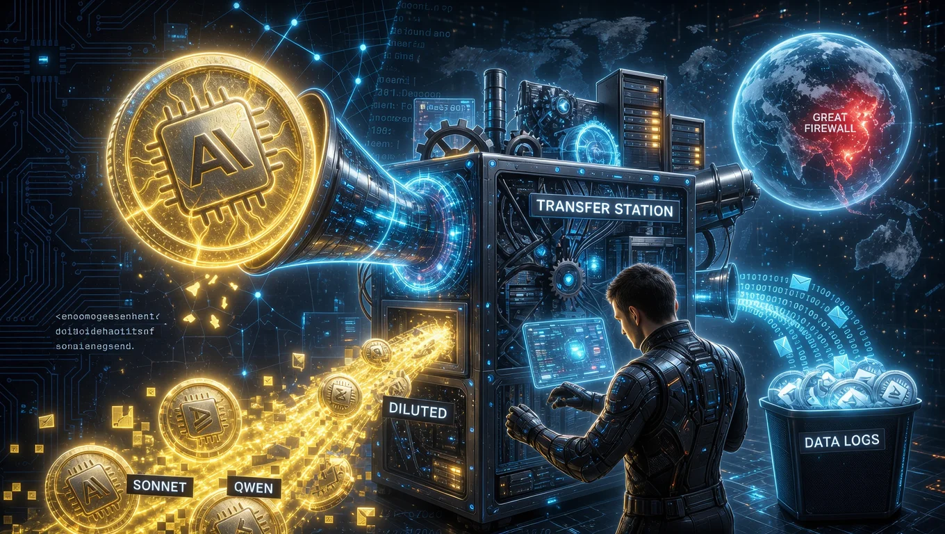 Illustration of AI tokens flowing through a transfer station connected to servers, with data flows and a representation of the Great Firewall in the background.