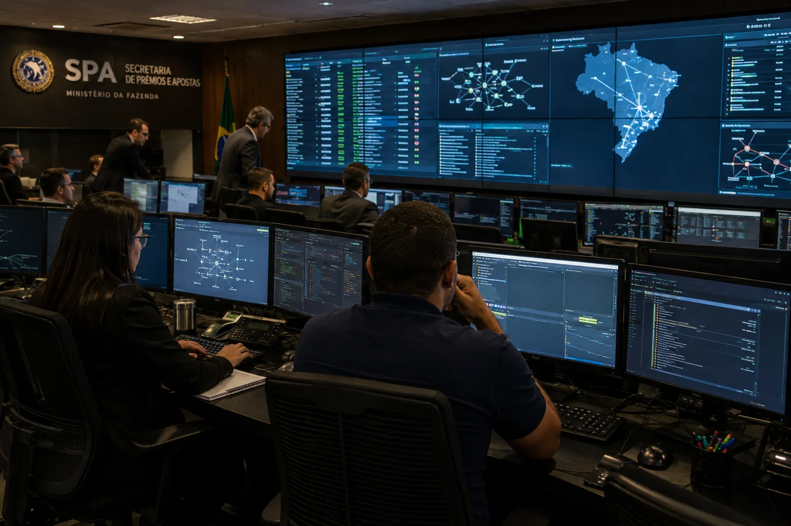 Professionals at a government monitoring center analyze multiple screens with networks and systems used to identify and block illegal betting sites in Brazil.
