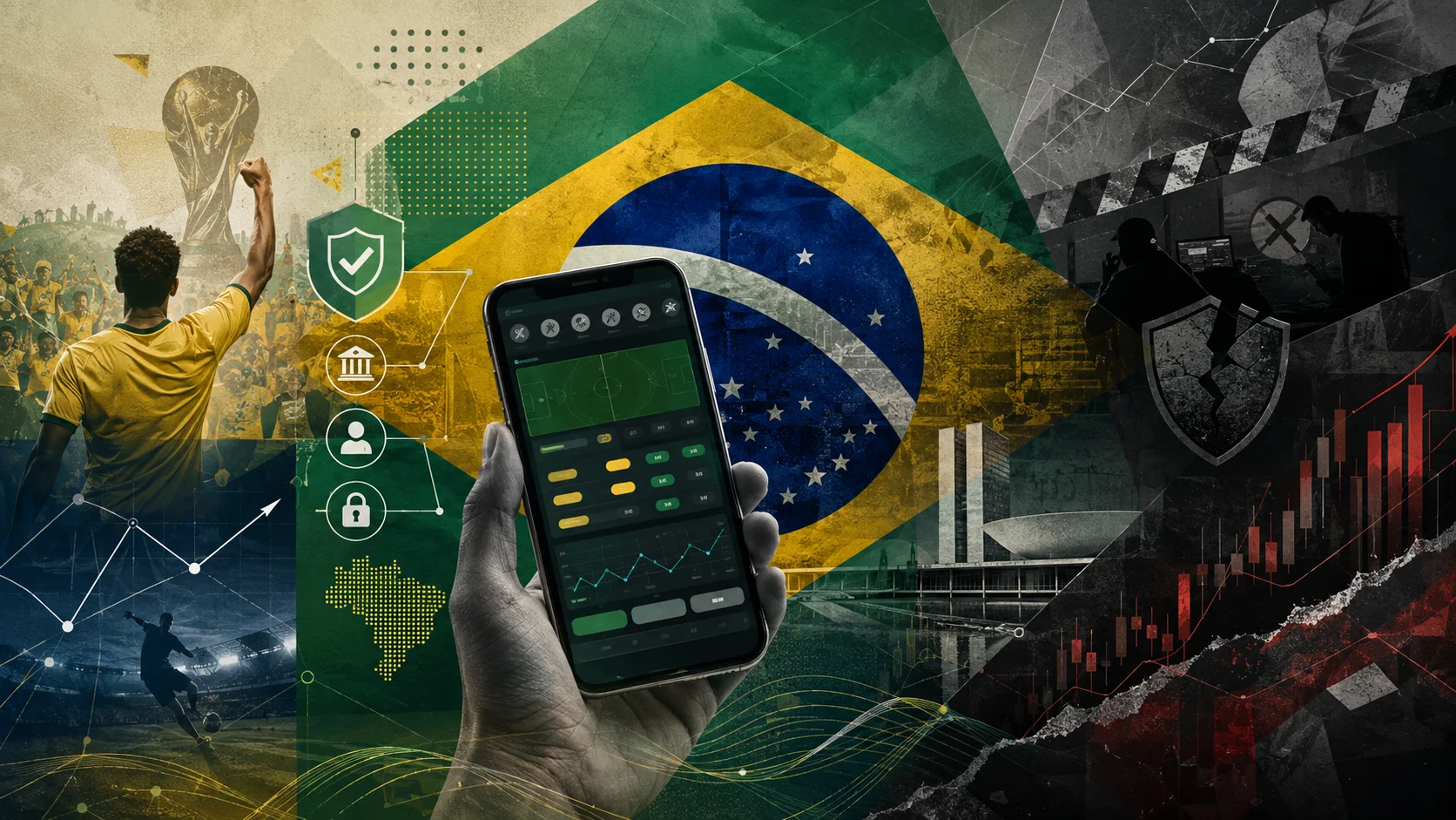 Abstract horizontal editorial collage with the Brazilian flag at the center, a hand holding a cell phone with a sports betting interface, a fan and a soccer player on the left, security and regulation icons, Congress in the background, and dark elements on the right symbolizing risk, illegal market, and financial pressure.