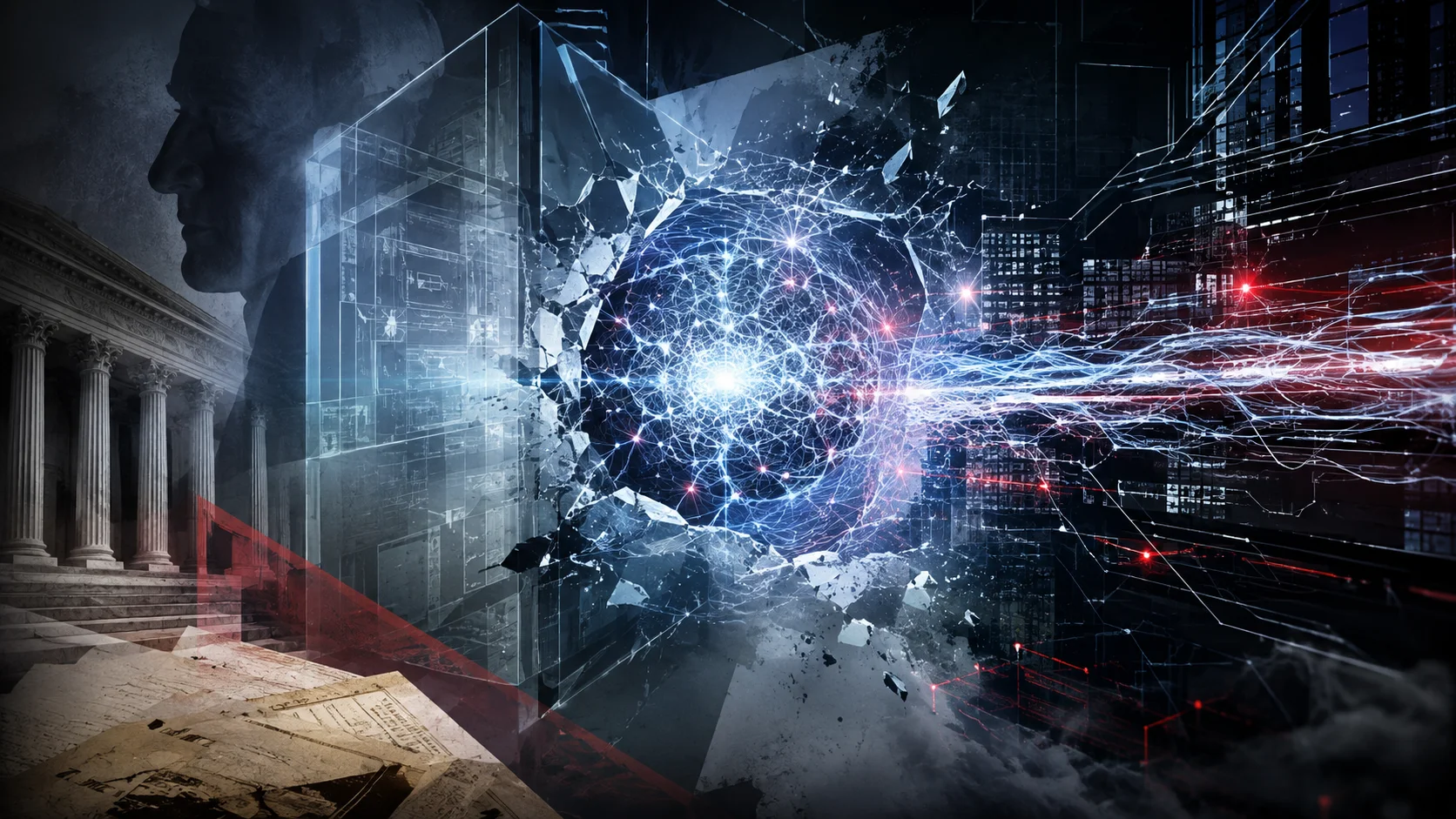 Abstract illustration shows an AI core breaking through a digital barrier, with data networks, fragments, and visual references to the government investigation into OpenAI.