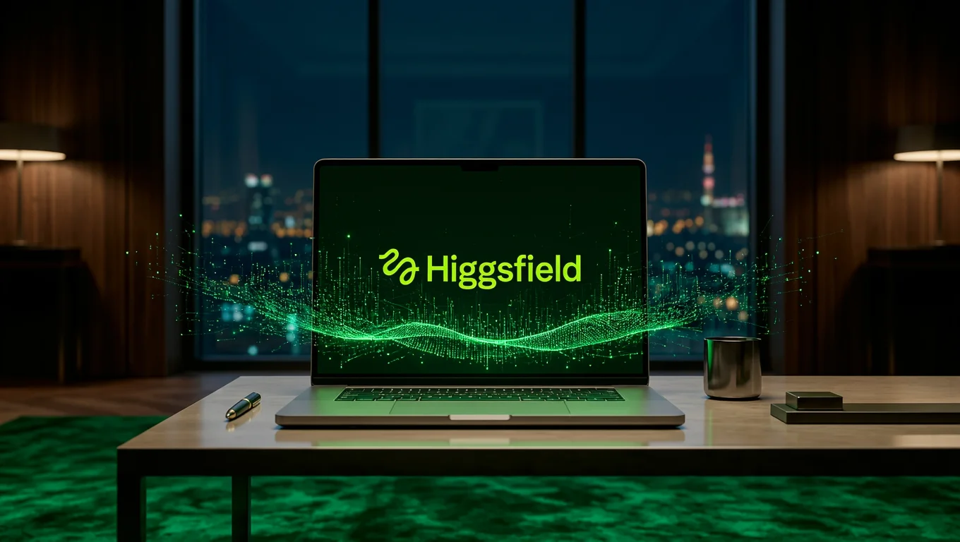 Notebook displays the Higgsfield logo on a green interface, with digital graphic elements and an office environment in the background.