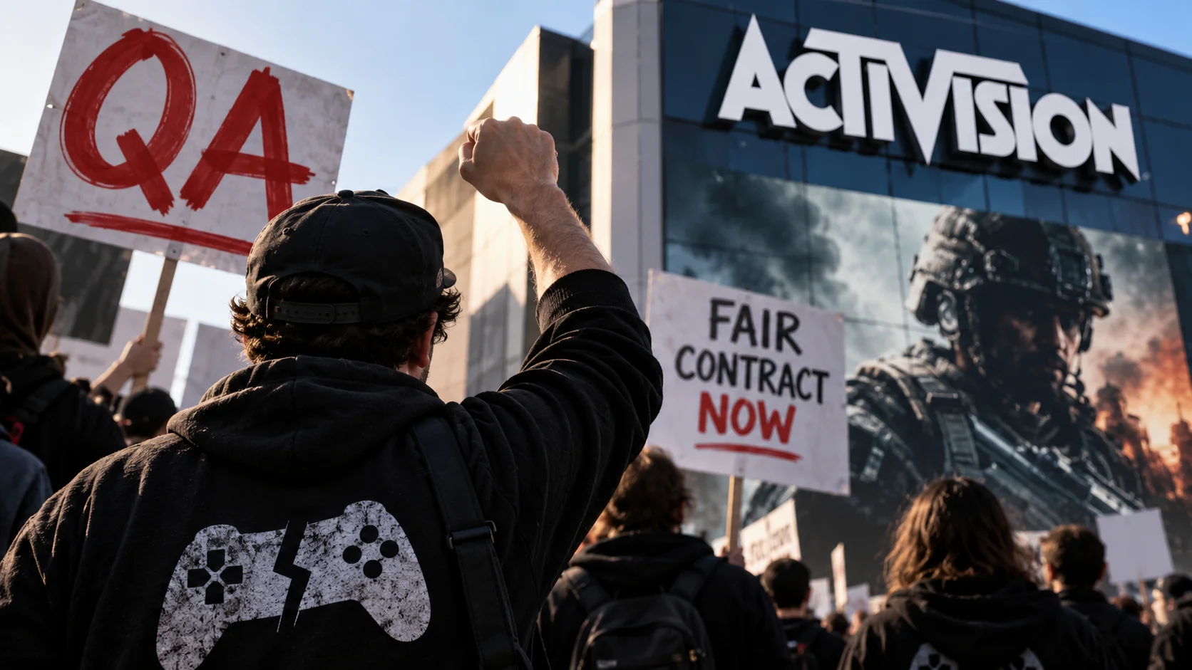 Protesters with union signs outside Activision headquarters, with a visual reference to Call of Duty.