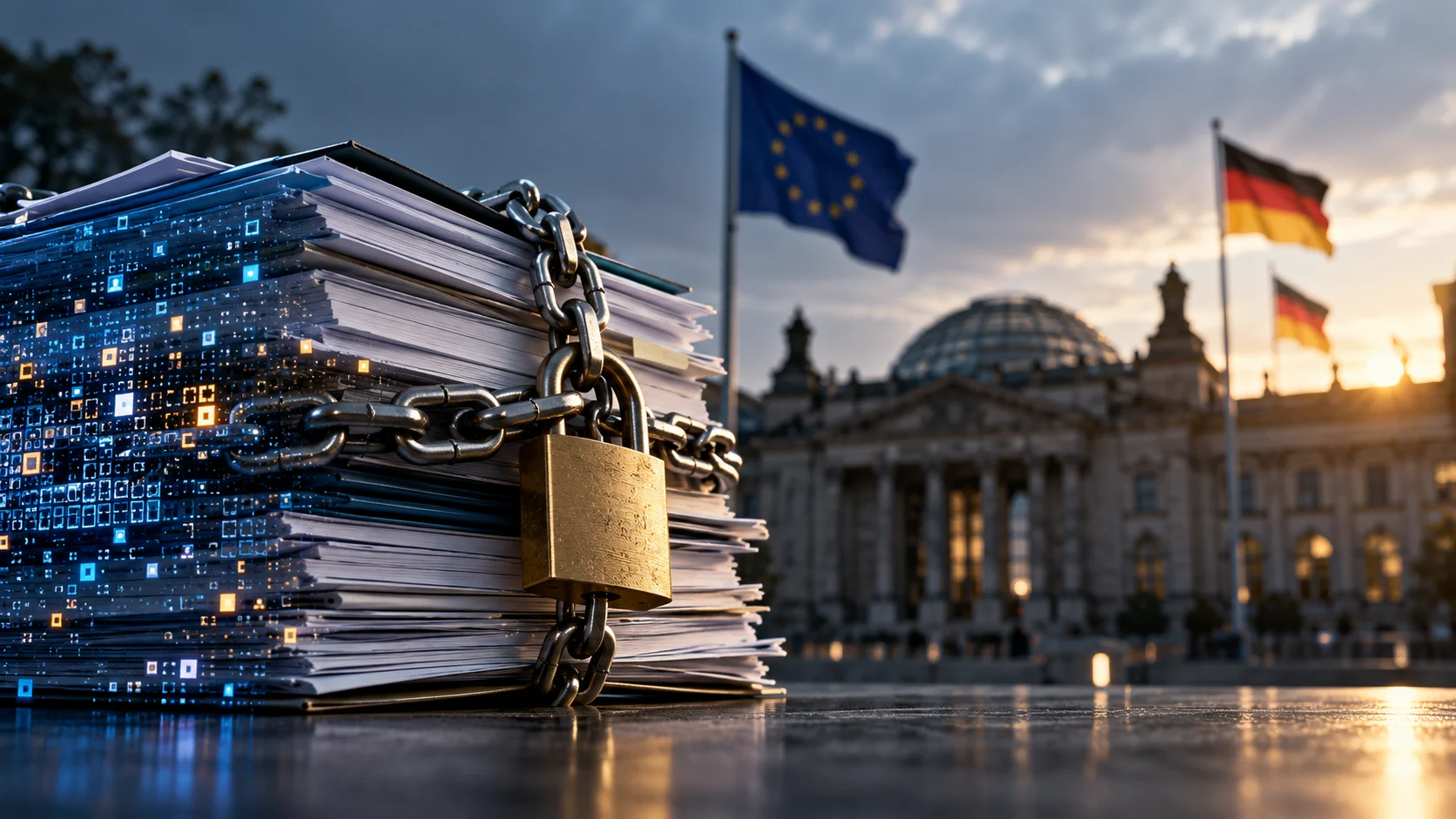 Stacks of documents secured with chains and a padlock, with German and EU flags outside the Reichstag building in Berlin.
