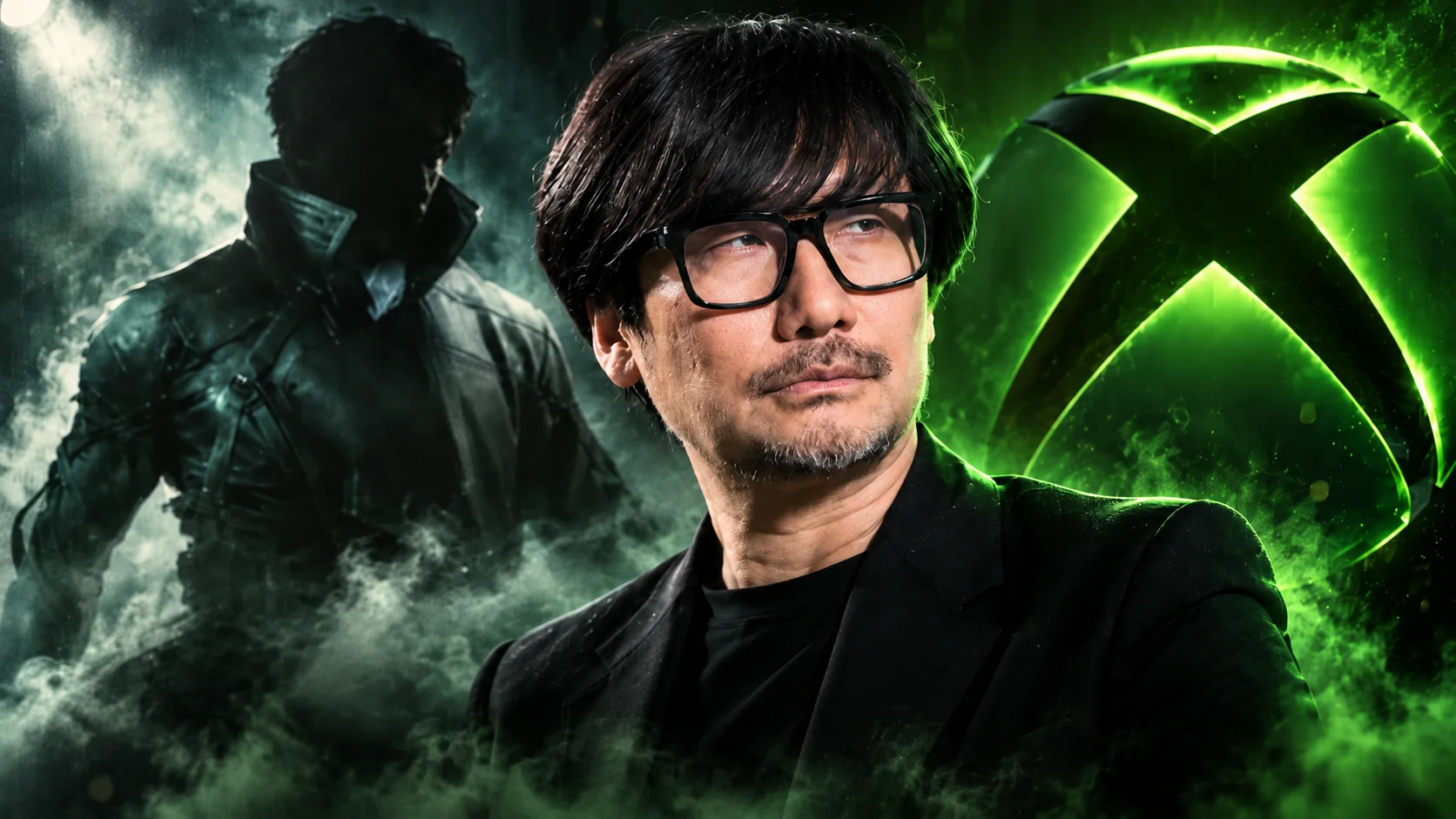 Retrato de Hideo Kojima frente a un fondo oscuro con el logo de Xbox en verde y la silueta de un personaje vinculada a PHYSINT.