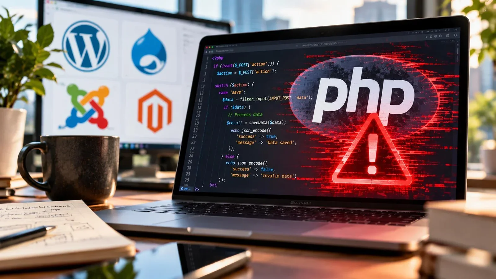 Notebook com código PHP e alerta de segurança, com logotipos de plataformas web ao fundo.