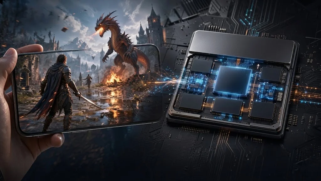 Smartphone displays a high-quality game next to an advanced graphics chip, symbolizing the Mali G2-Ultra NX with integrated AI.