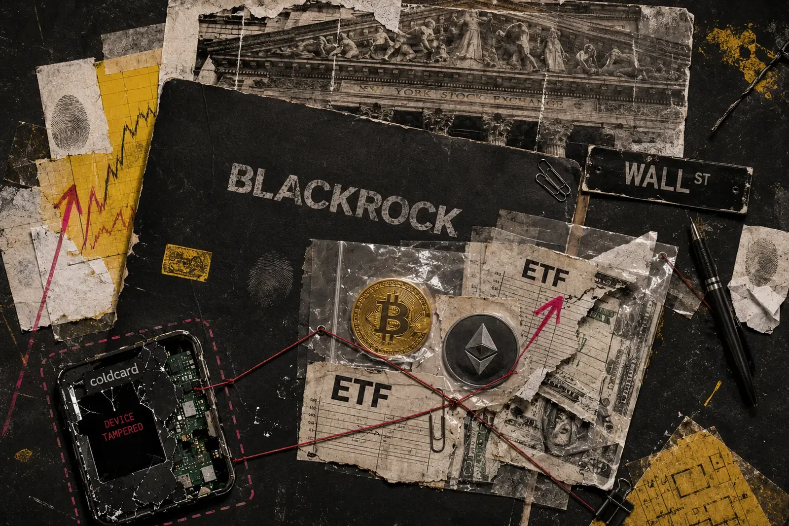 BlackRock dossier next to Bitcoin, Ethereum, ETF documents and a damaged Coldcard wallet.