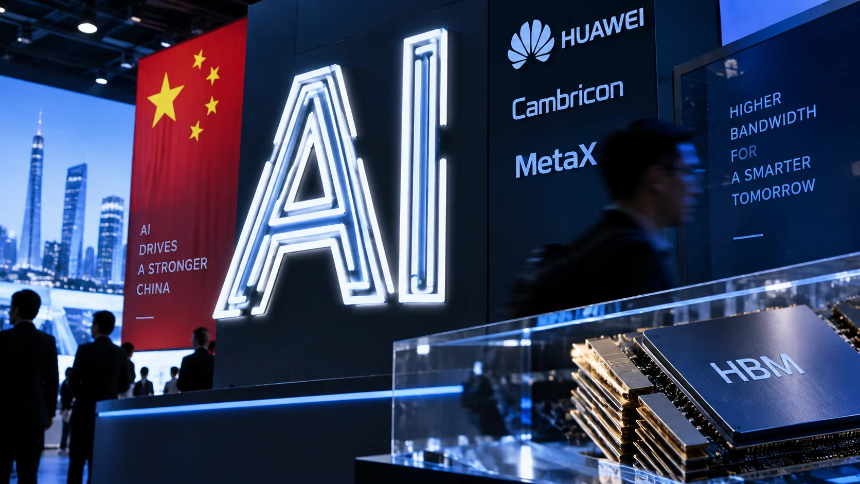 HBM memory chips in the foreground, with references to Huawei, Cambricon and the Chinese artificial intelligence industry in the background.