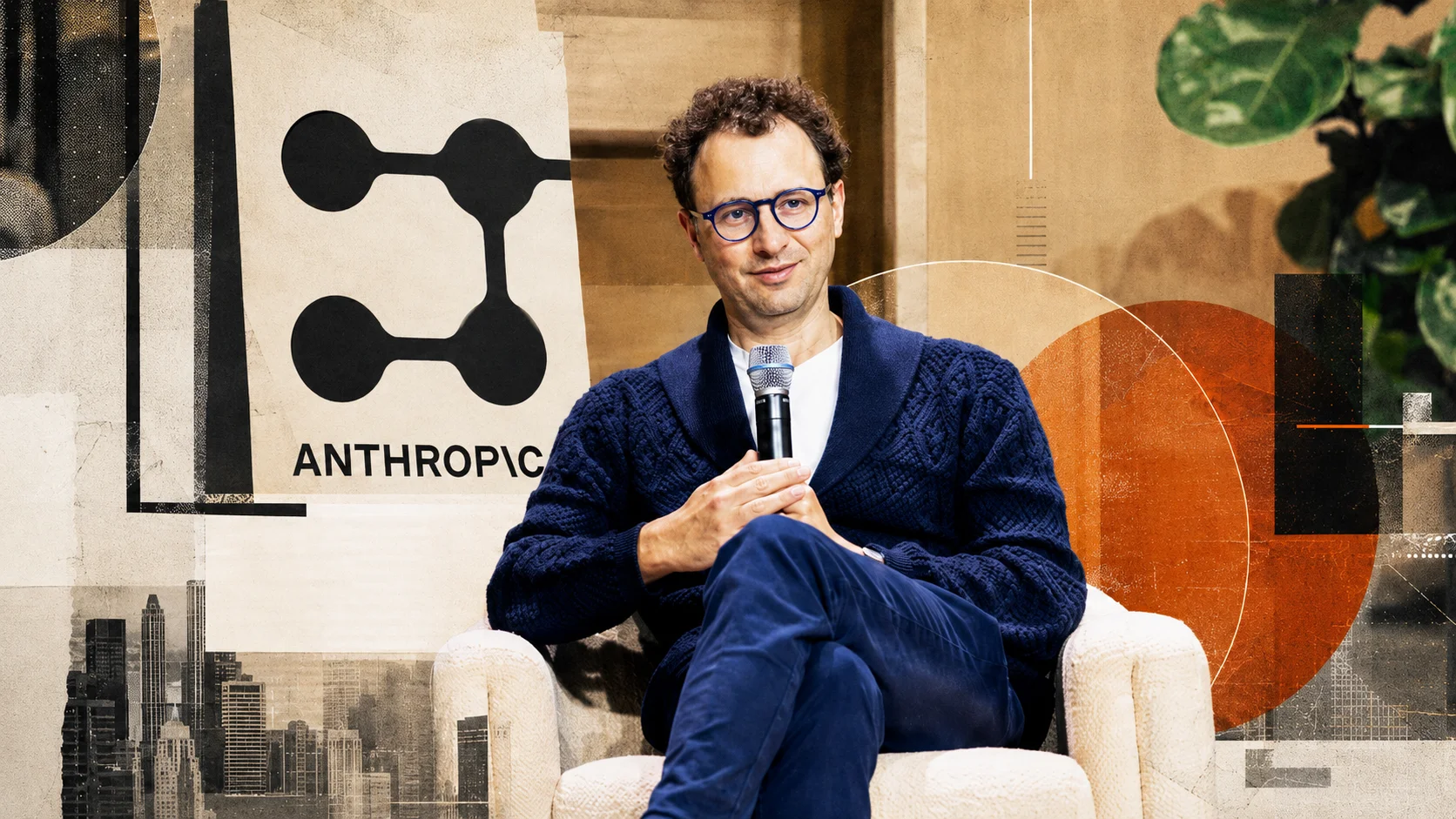 Man seated in an armchair holding a microphone during a panel, in an editorial collage composition focused on the executive, the Anthropic symbol highlighted in the background, black and orange graphic elements, and a news report visual texture.