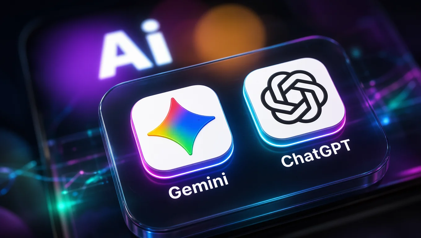 Icons of Gemini, Google, and OpenAI's ChatGPT, displayed side by side over an interface referencing artificial intelligence.