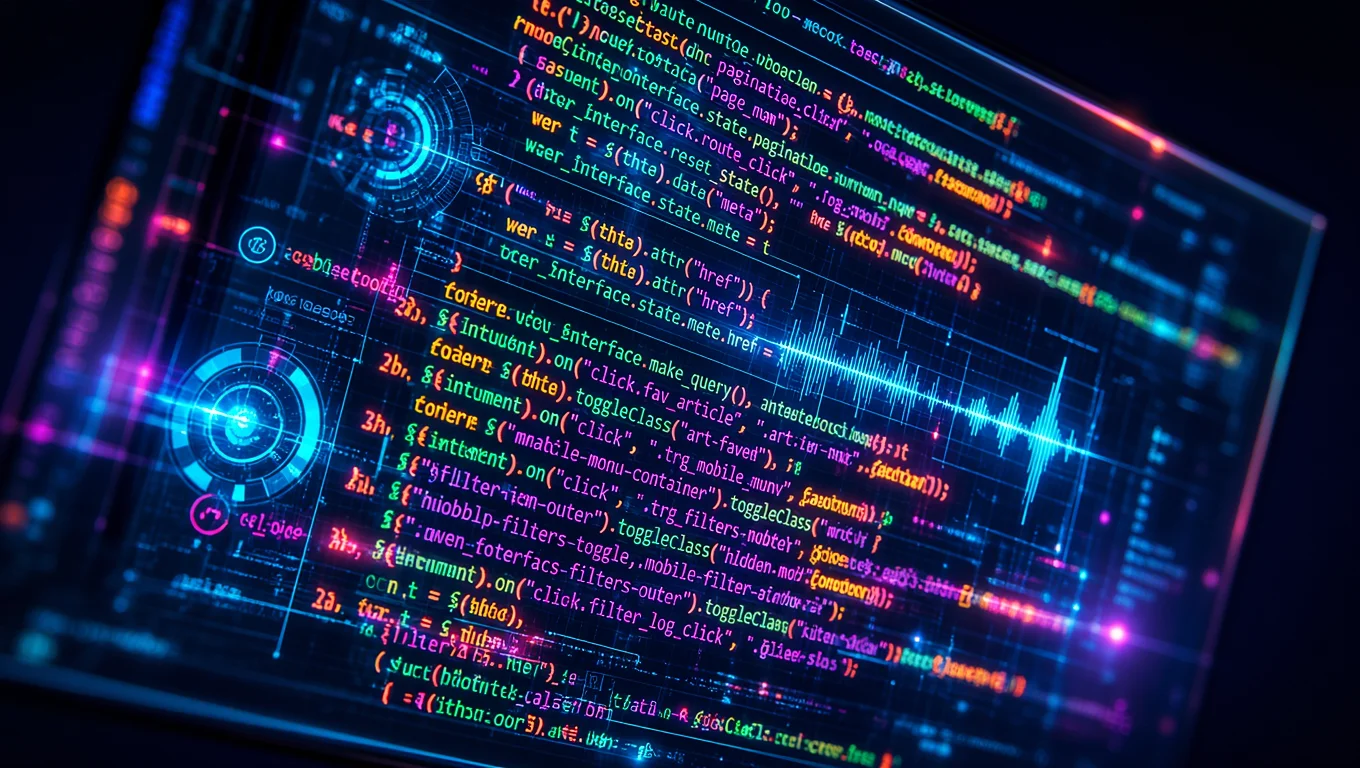 Dark screen with colorful programming code, activity graphs and tech interface elements in shades of blue, pink, green and orange.