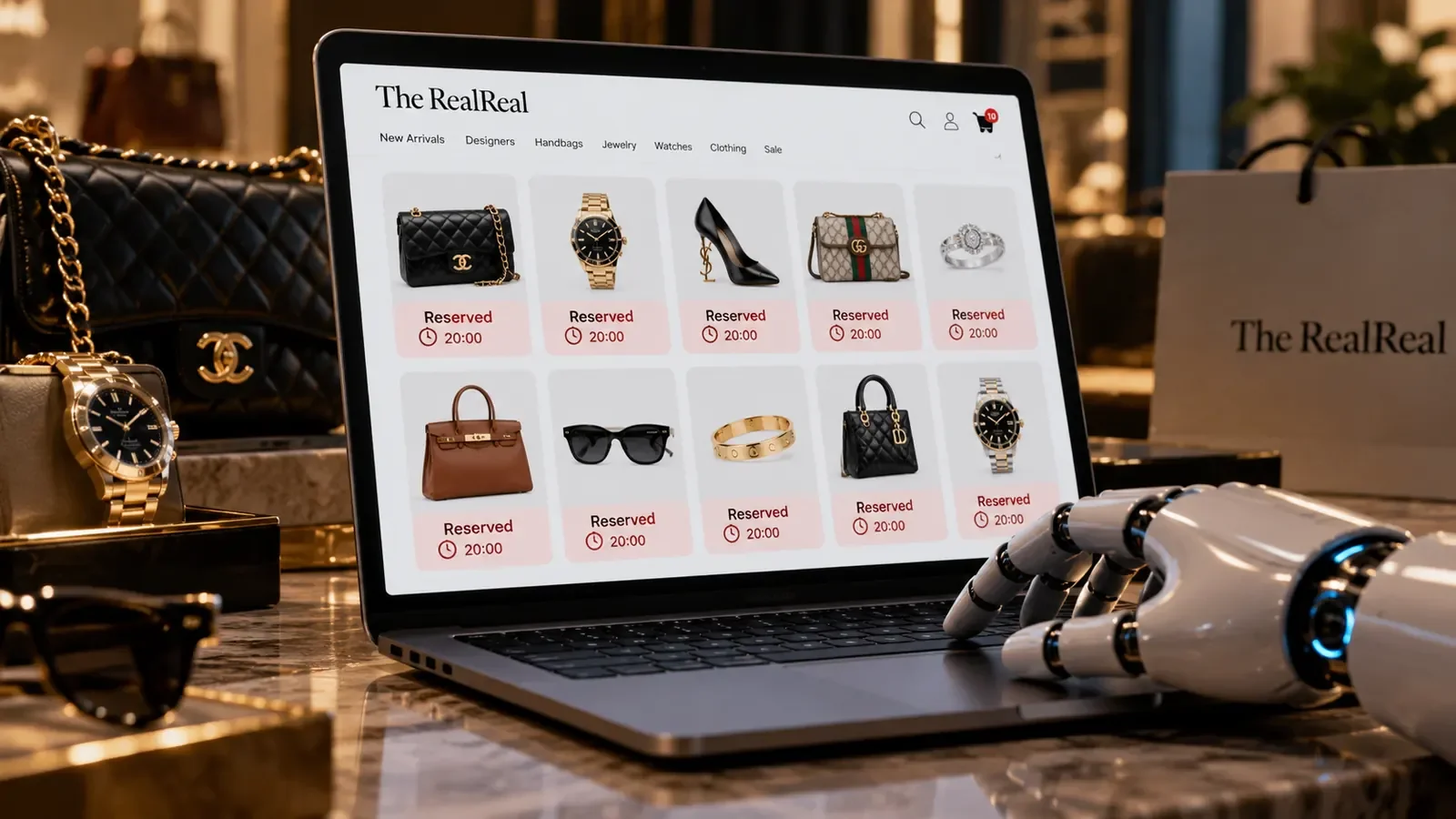 Robotic hand operates a laptop with ten luxury products marked as reserved on The RealReal.