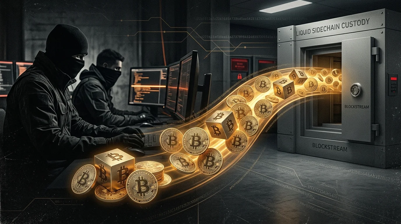 Hackers diante de computadores enquanto bitcoins retornam a um cofre que representa a Liquid Network.