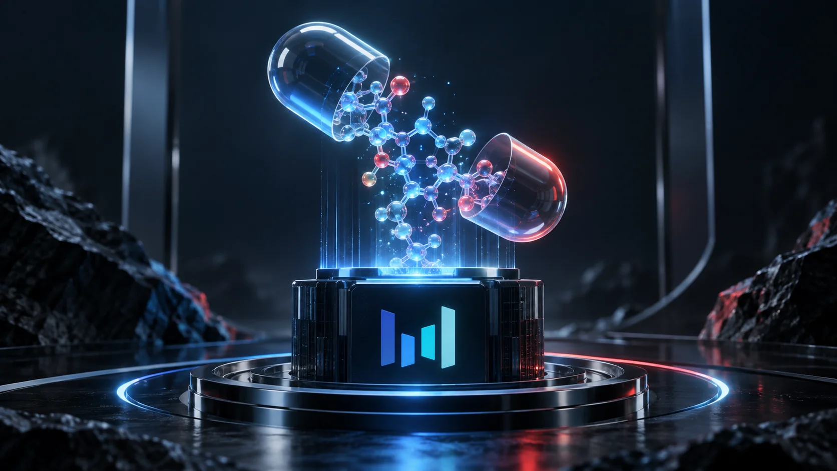 Capsule and molecular structure over a base with a visual reference to ByteDance, representing the use of AI in drug discovery.