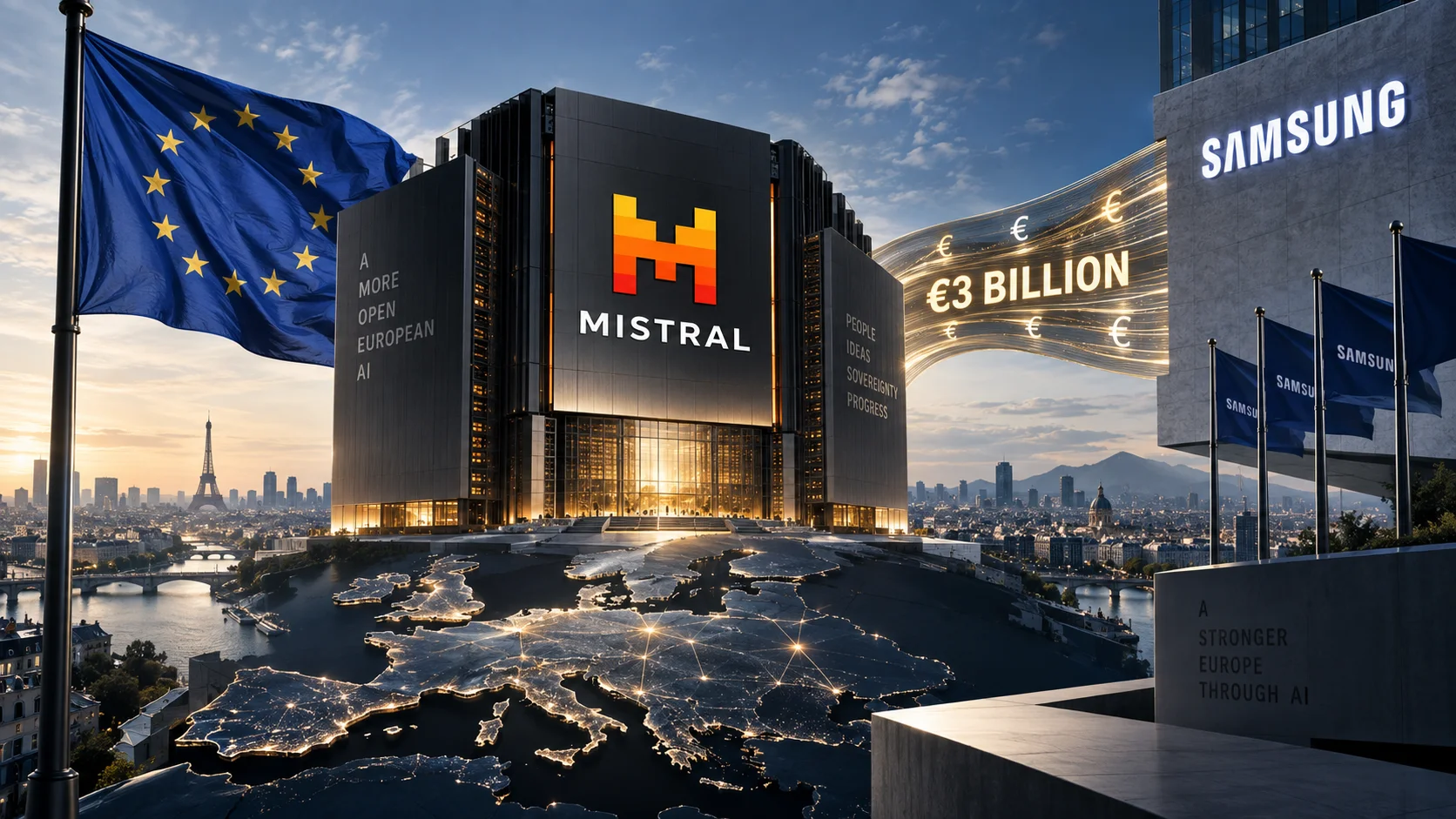 Conceptual illustration shows Mistral at the center of Europe receiving a €3 billion investment from Samsung, referencing the French company's expansion in AI.