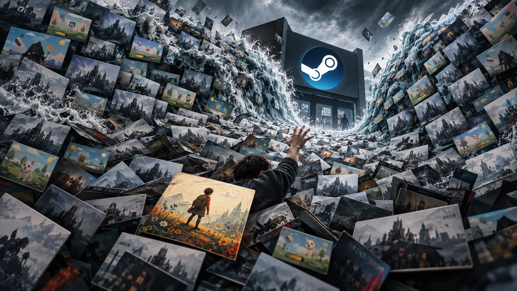Desarrollador rodeado por una avalancha de carátulas de juegos mientras intenta alcanzar Steam.