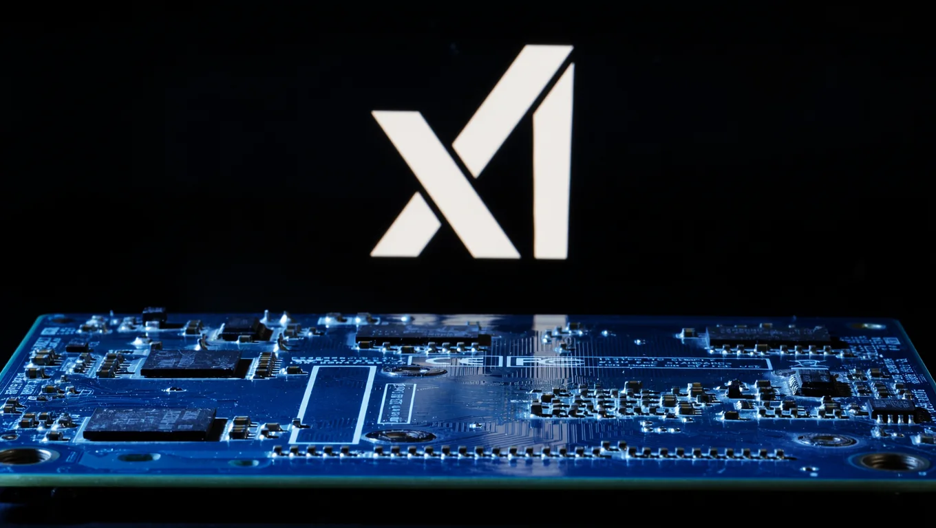 Electronic circuit board illuminated in blue in front of the white xAI logo on a black background.