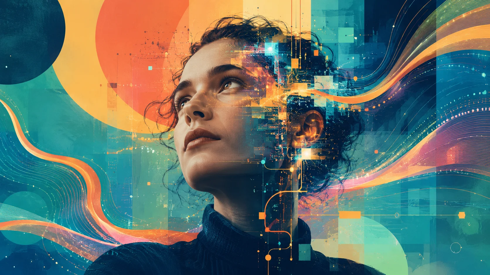 Artistic portrait of a woman with digital elements, abstract circuits, and colorful flows integrated into her face, symbolizing artificial intelligence and technology.