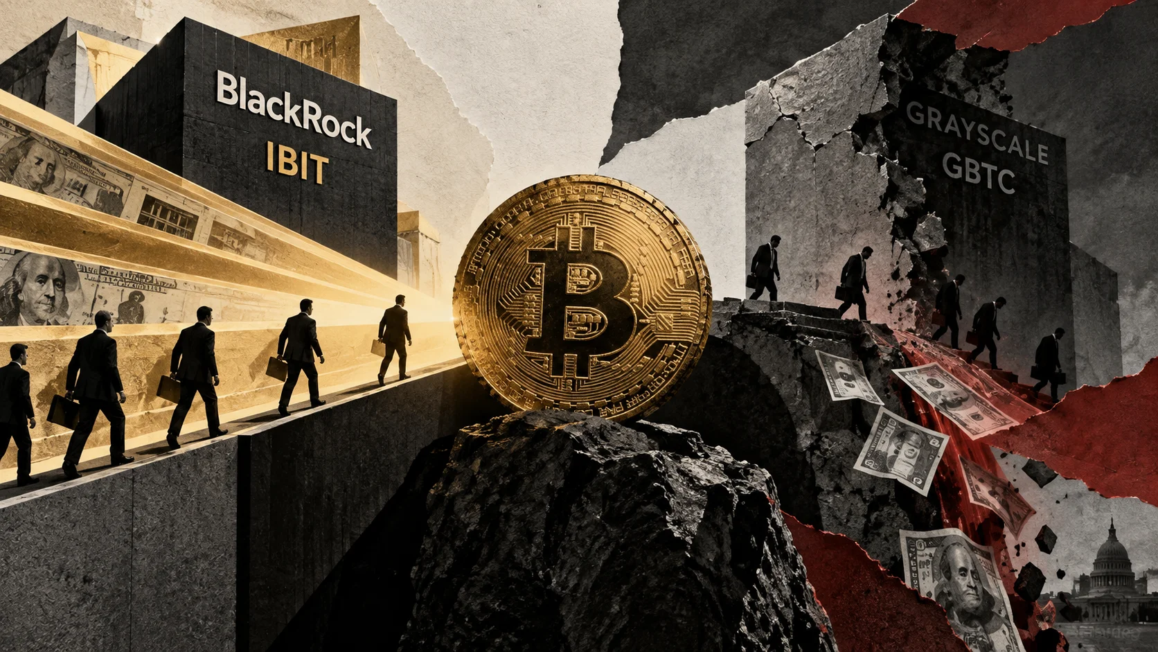 Editorial collage shows bitcoin between a rising BlackRock IBIT and a Grayscale GBTC in capital loss.