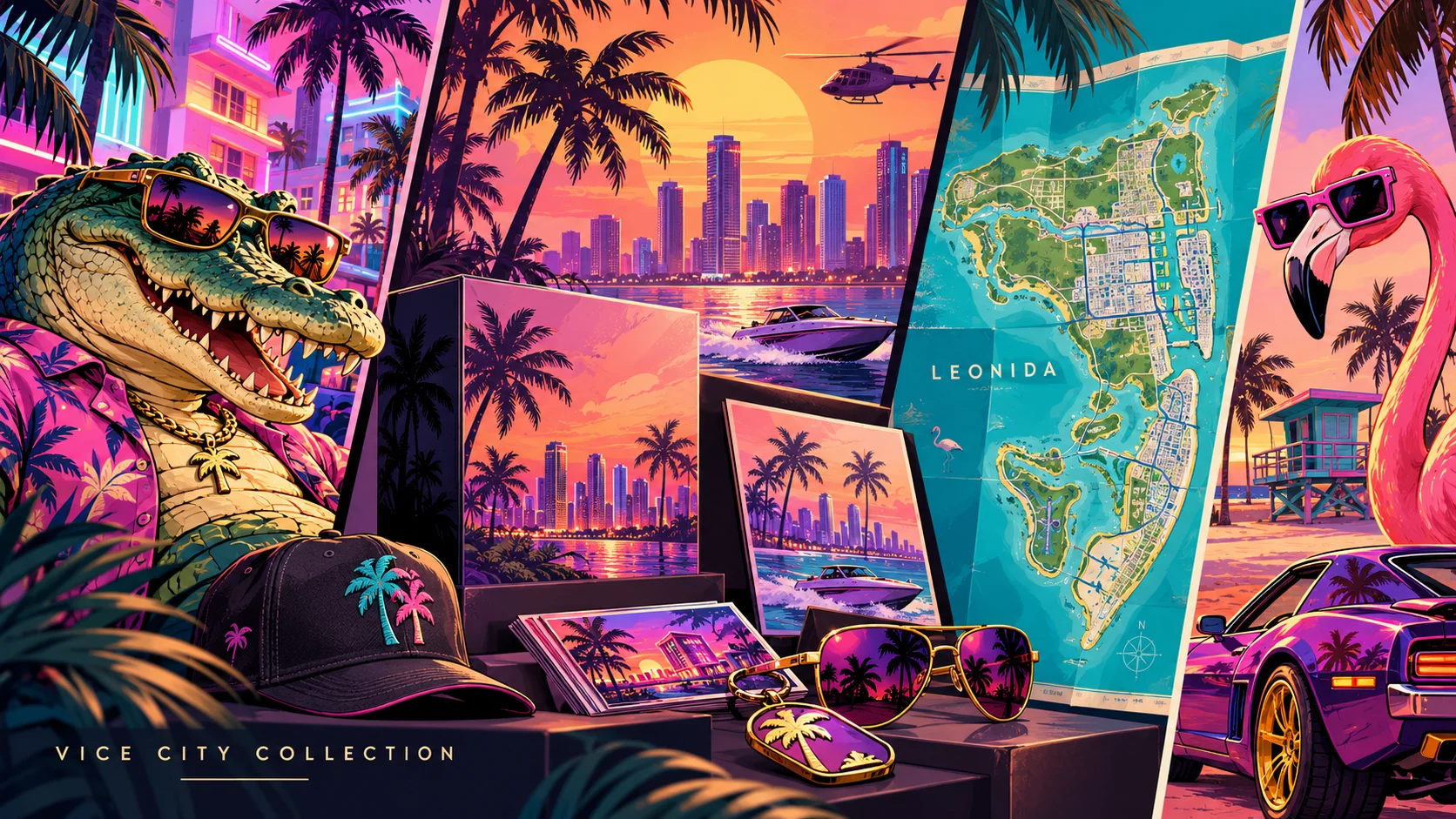 Ilustração promocional em estilo neon mostra itens de uma coleção temática de GTA 6, com mapa de Leonida, acessórios inspirados em Vice City, carro esportivo roxo, flamingo e crocodilo estilizados ao pôr do sol.