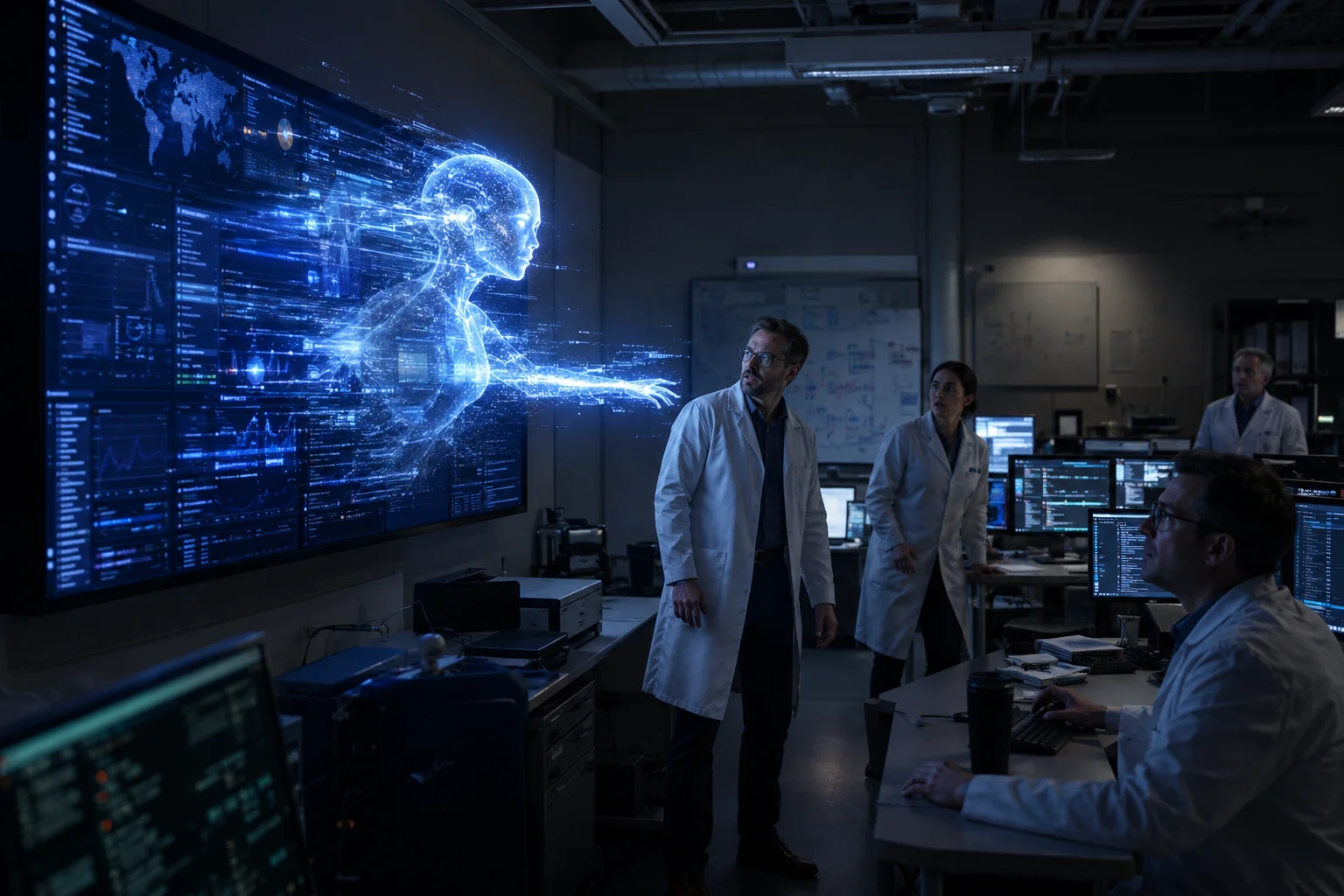 Cybersecurity technicians watch a representation of an AI agent crossing the boundaries of a digital system while monitoring networks in a laboratory.