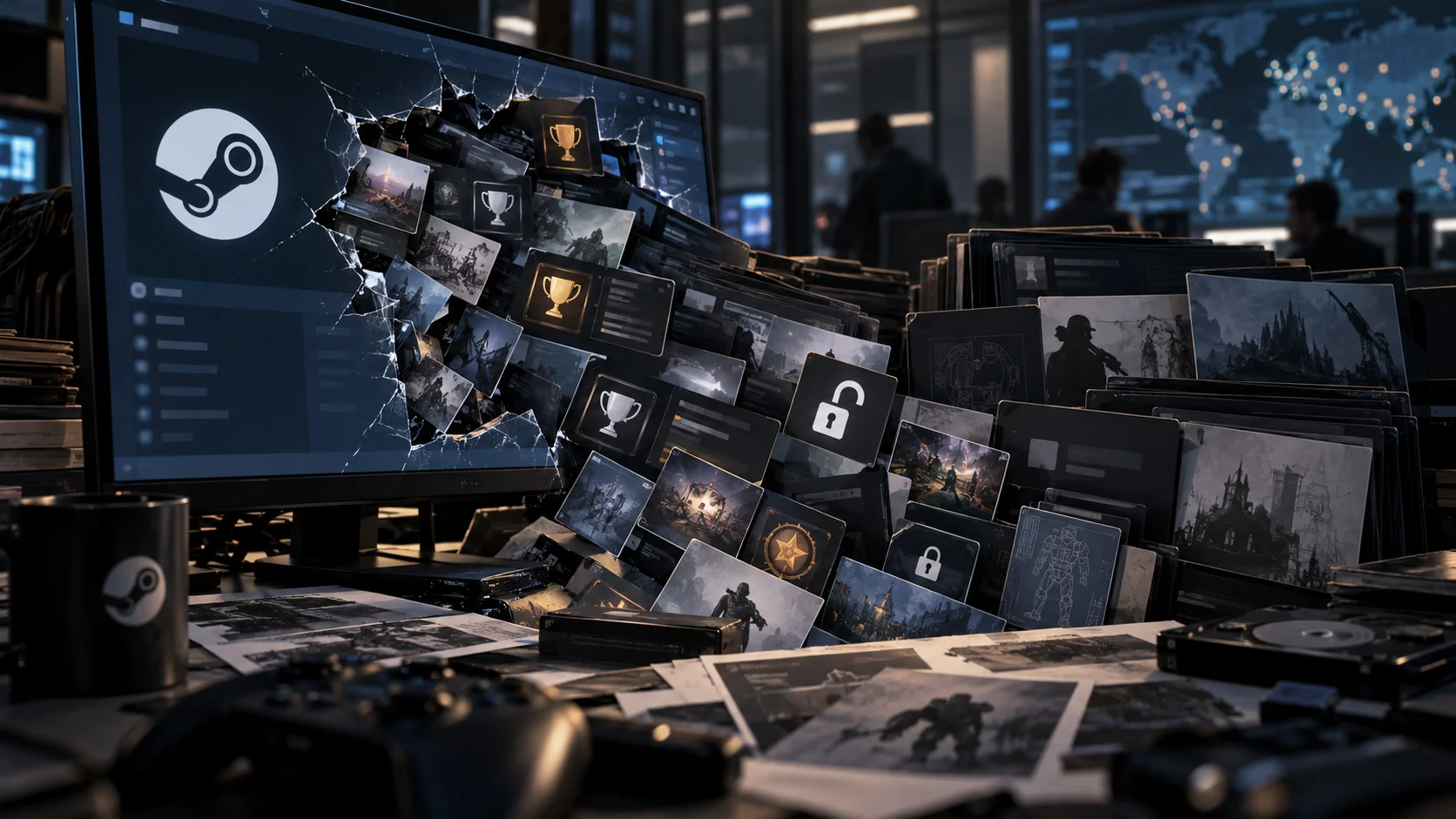 Conceptual image showing the Steam interface with achievement lists for unreleased games, alongside references to Persona 6, Kingdom Hearts IV and Ace Combat 8.