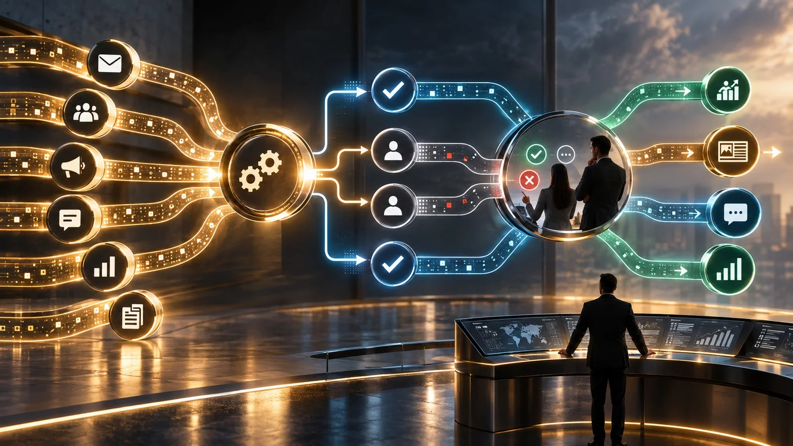 Marketing automation workflows with human review at key decision points.
