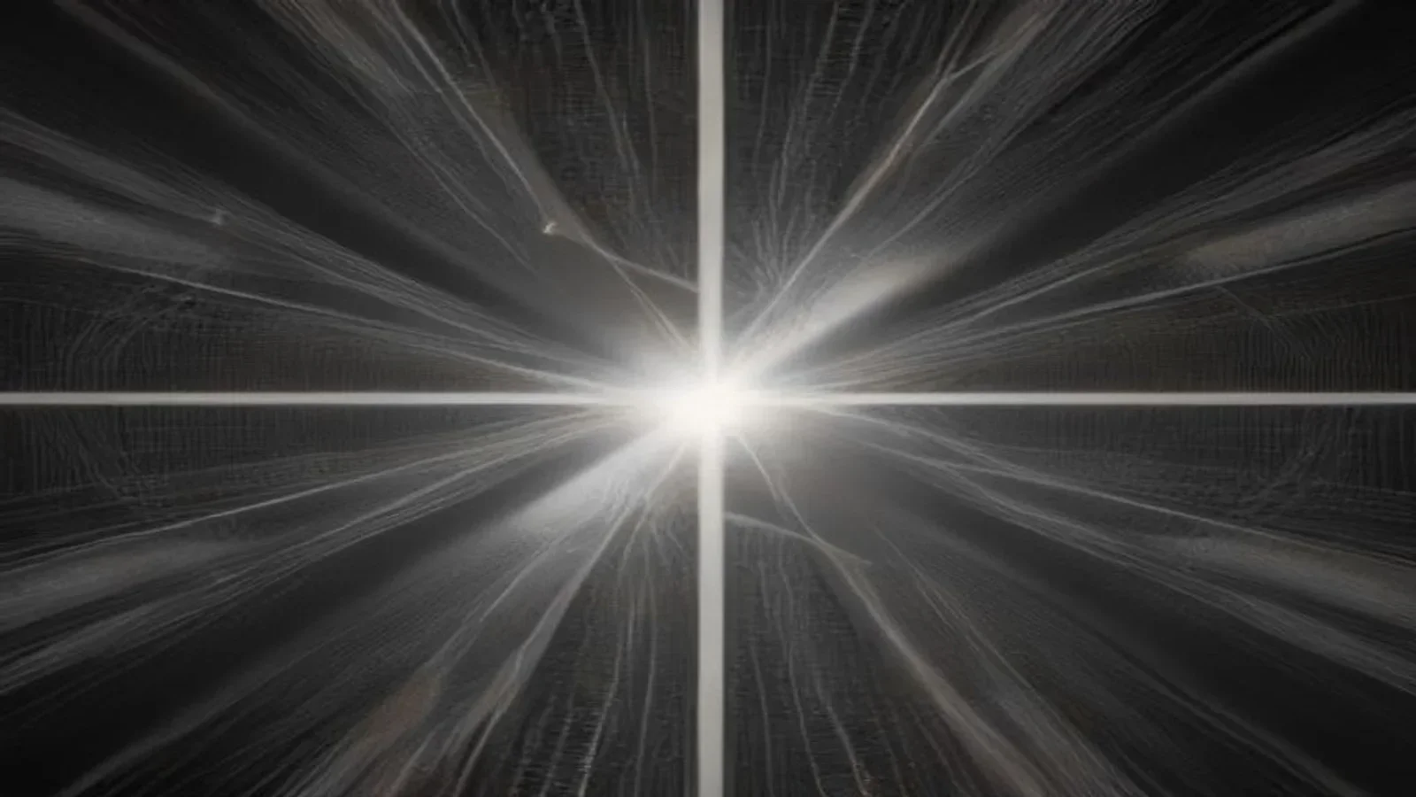Abstract image in black and grey with a central light point crossed by two thick lines and radial strokes in the background