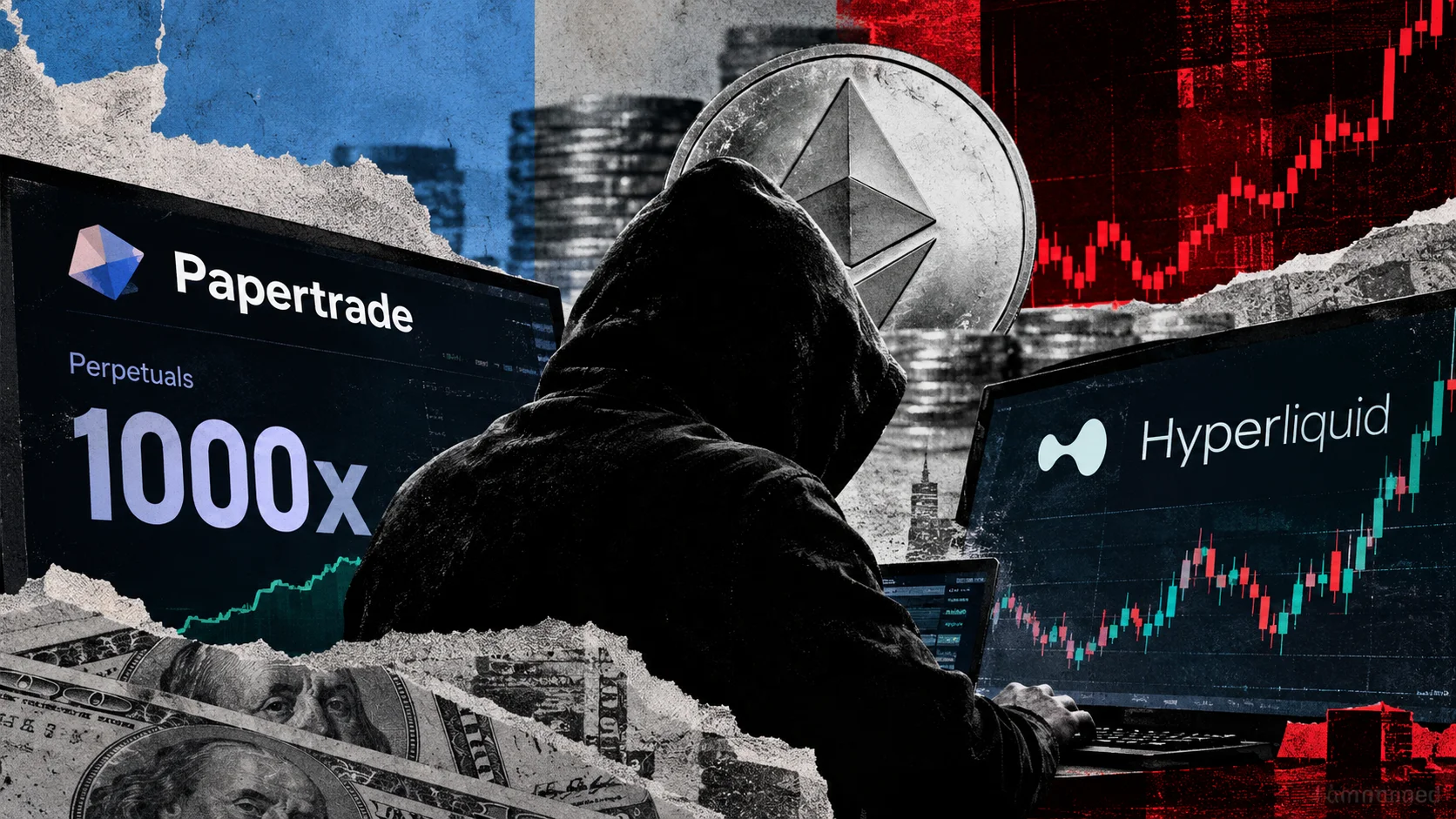 Editorial collage with trader in front of Papertrade and Hyperliquid screens, financial charts and Ethereum symbol.