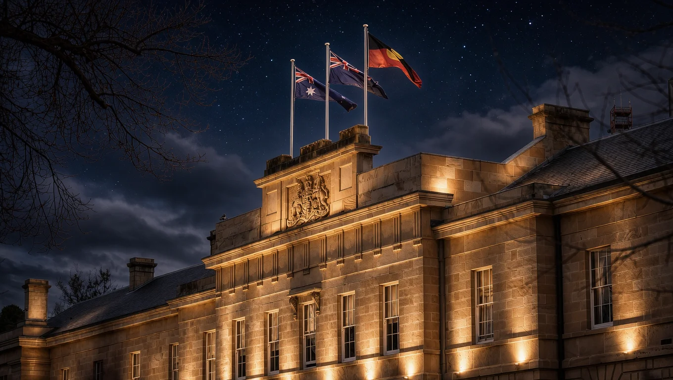 Australian government building illuminated at night, with flags of Australia and Indigenous peoples hoisted at the top.