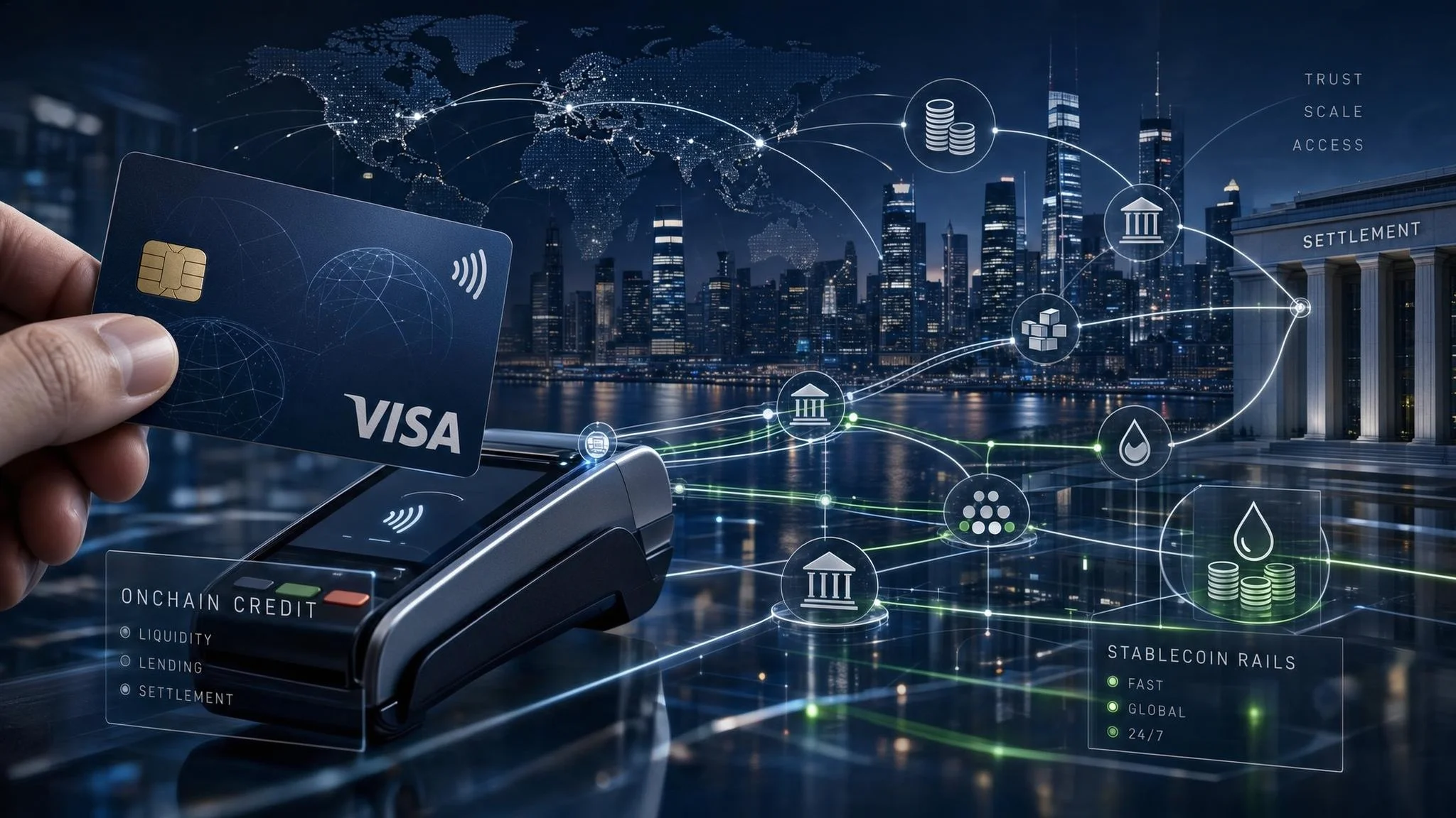 Visa card connected to an onchain credit network and stablecoins.