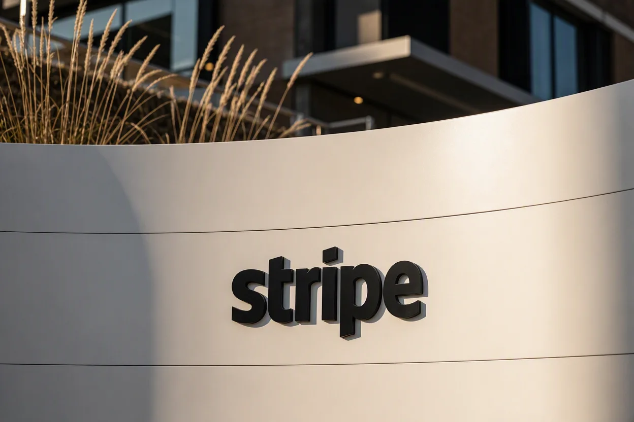 Stripe logo installed on a light corporate building facade, with modern architecture in the background.