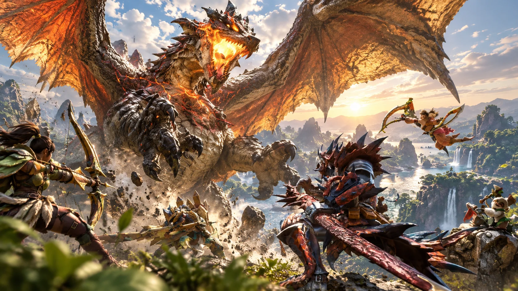 Combat scene from Monster Hunter Outlanders with hunters facing a large monster.