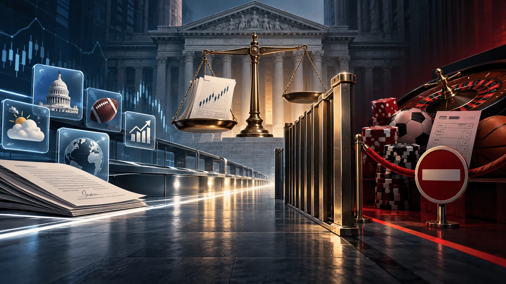 The scales of justice separate prediction market contracts from sports betting and casino games.