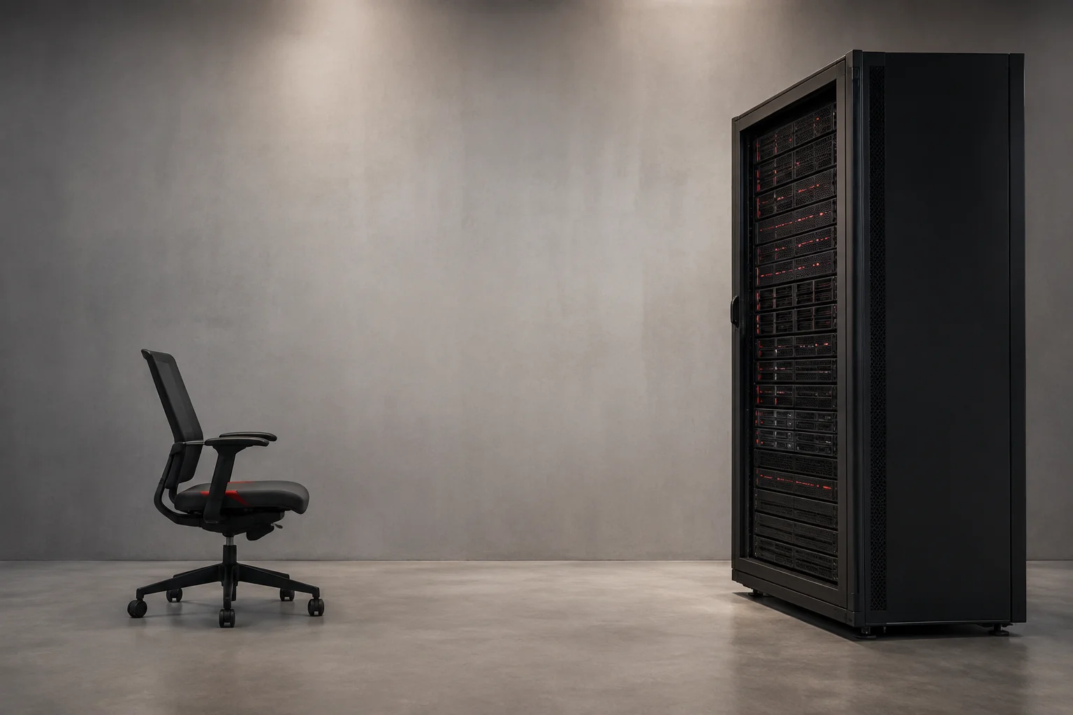 Empty office chair placed in front of a large active server rack, in a minimalist corporate environment with subtle red details.