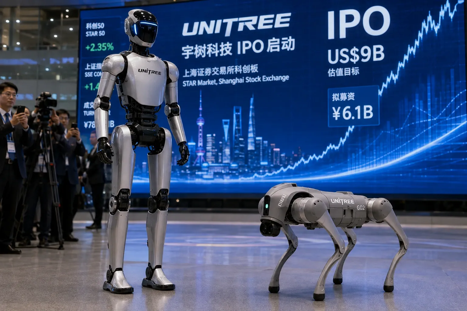 Unitree robots in front of a panel about the US$ 9 billion IPO on the Shanghai Stock Exchange