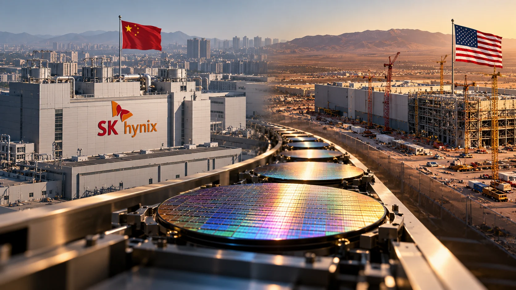 Editorial illustration of SK Hynix semiconductor facilities in China connected to a new chip manufacturing complex under construction in the US.
