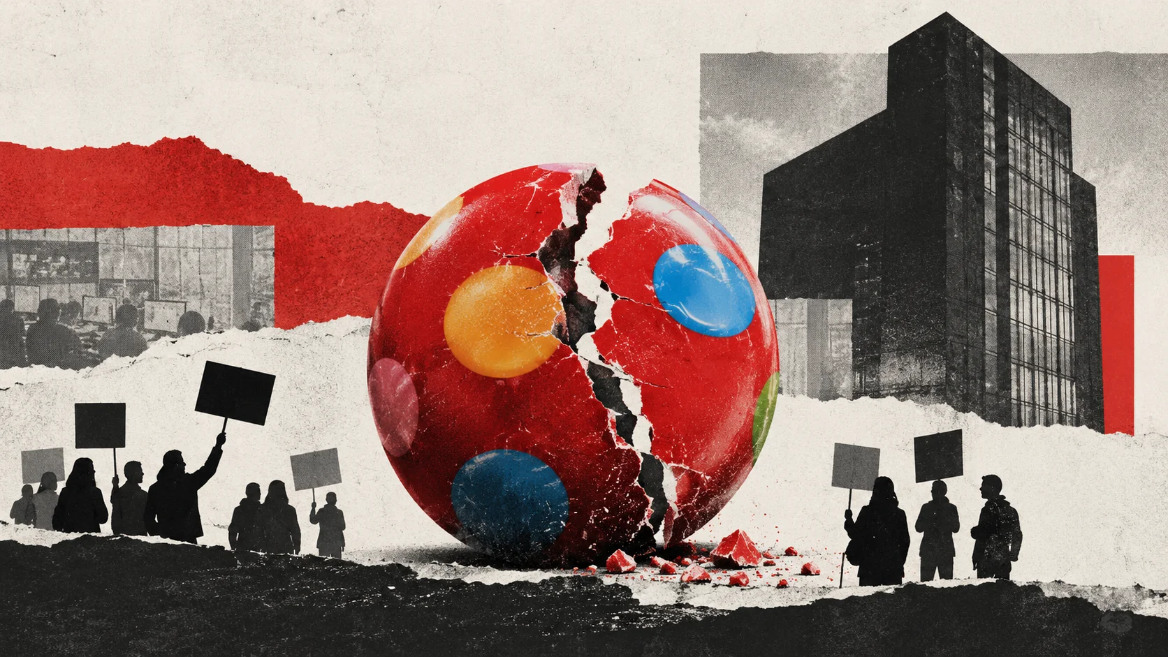 Ilustración editorial muestra un dulce rojo agrietado en el centro, rodeado por siluetas de manifestantes con carteles y por un edificio corporativo al fondo.