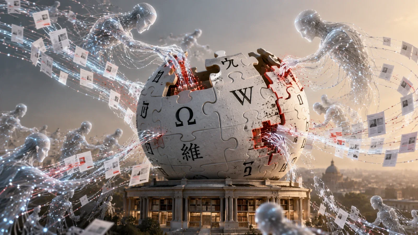 Representação de agentes de IA manipulando a estrutura da Wikipédia.