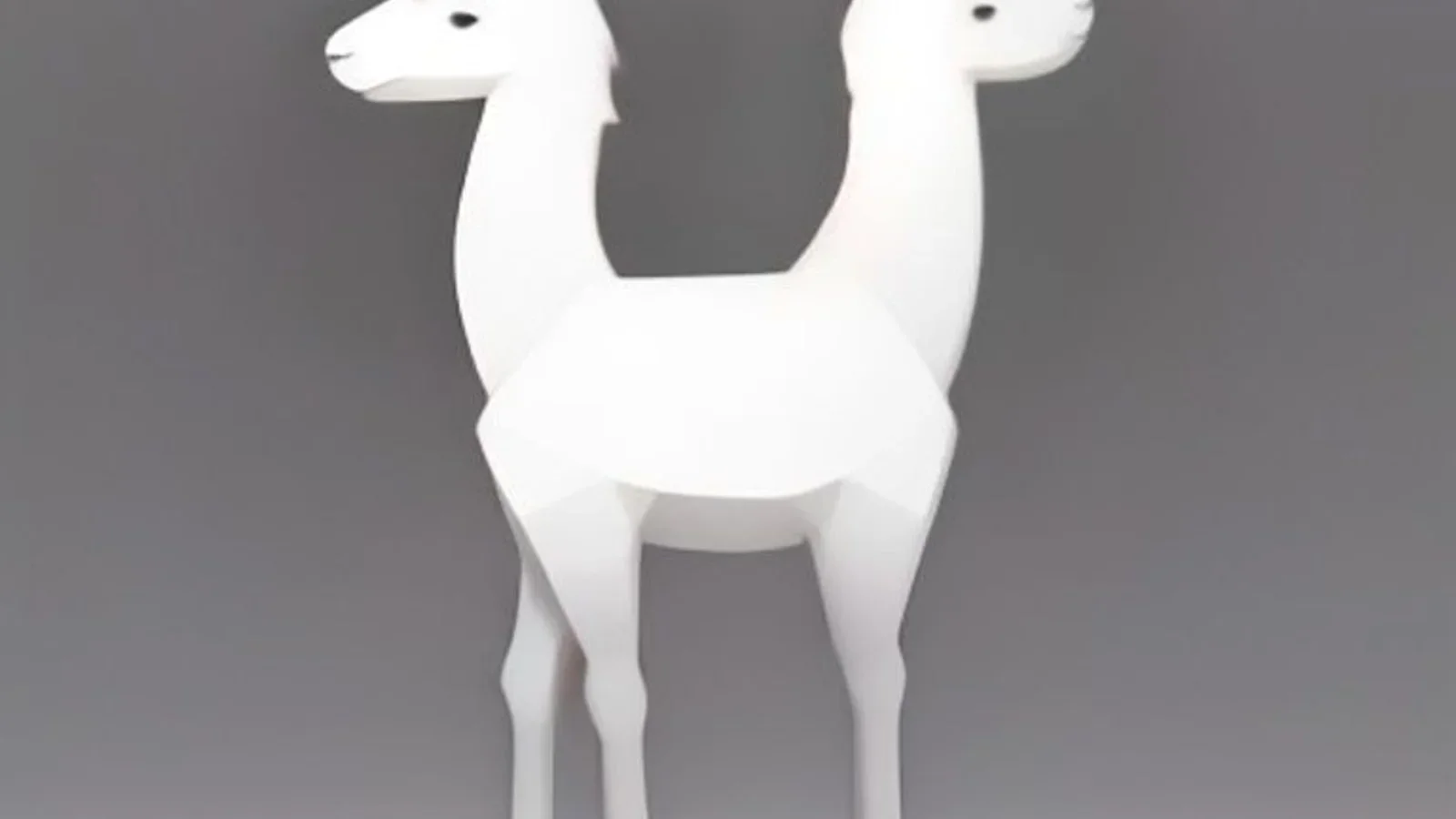 Escultura de lhama em papel branco com duas cabeças olhando para lados opostos, sobre base preta e fundo cinza