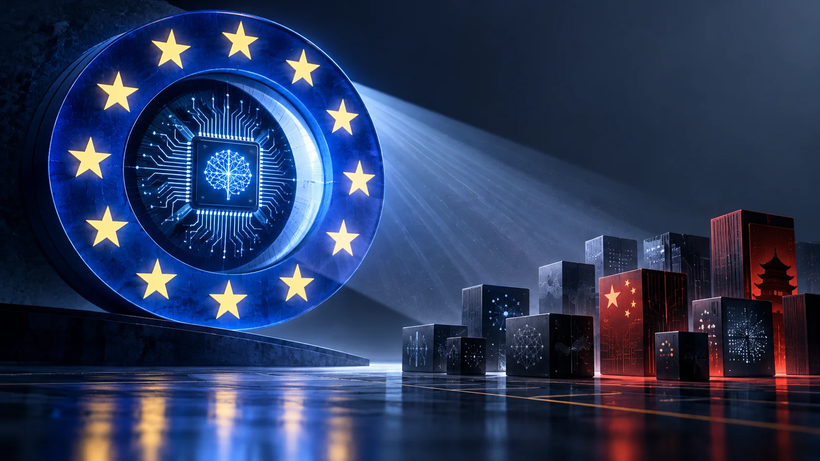 Symbol of the European Union projecting light onto AI servers, with emphasis on Chinese companies.