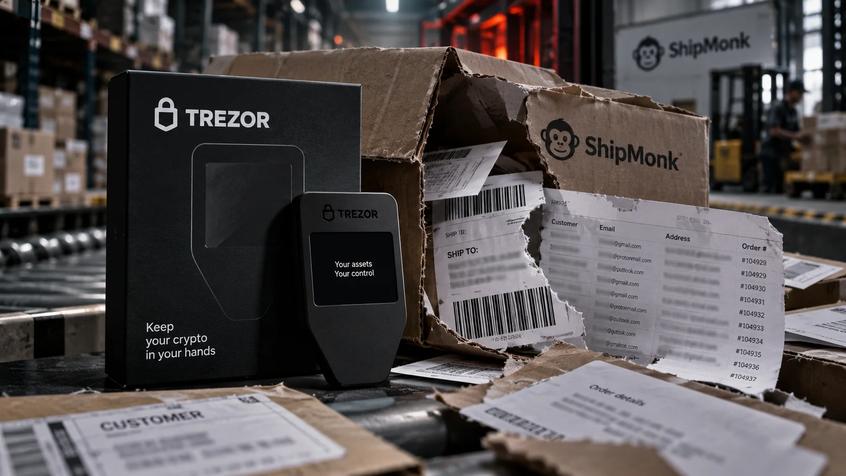 Trezor wallet next to boxes and exposed shipping data.