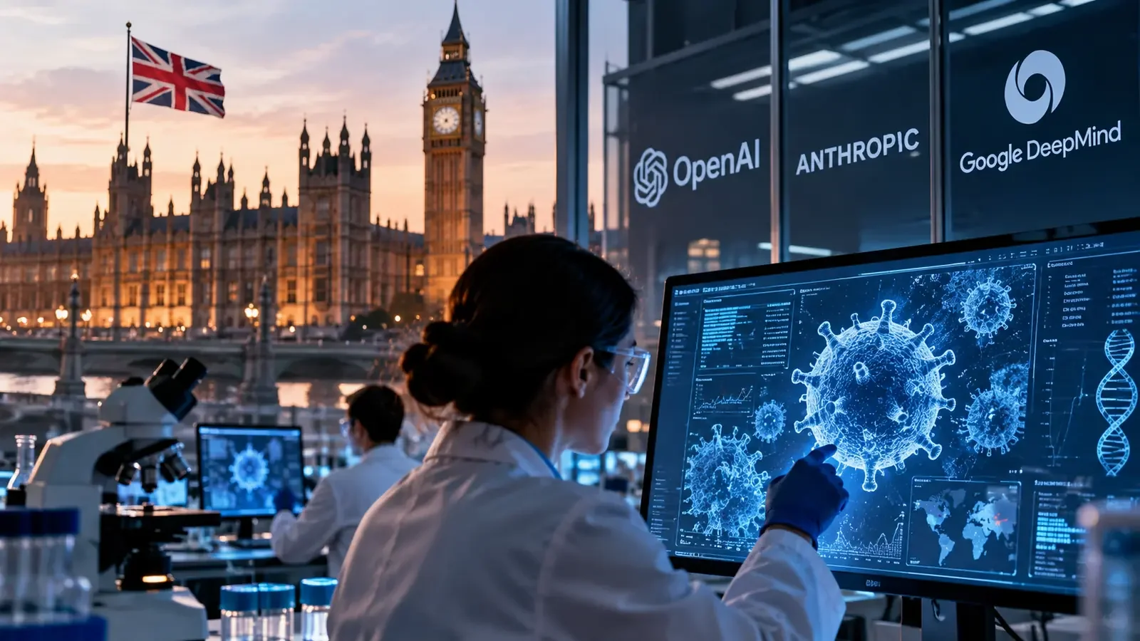 Scientist analyzes virus models in a lab, with London and AI company logos in the background.